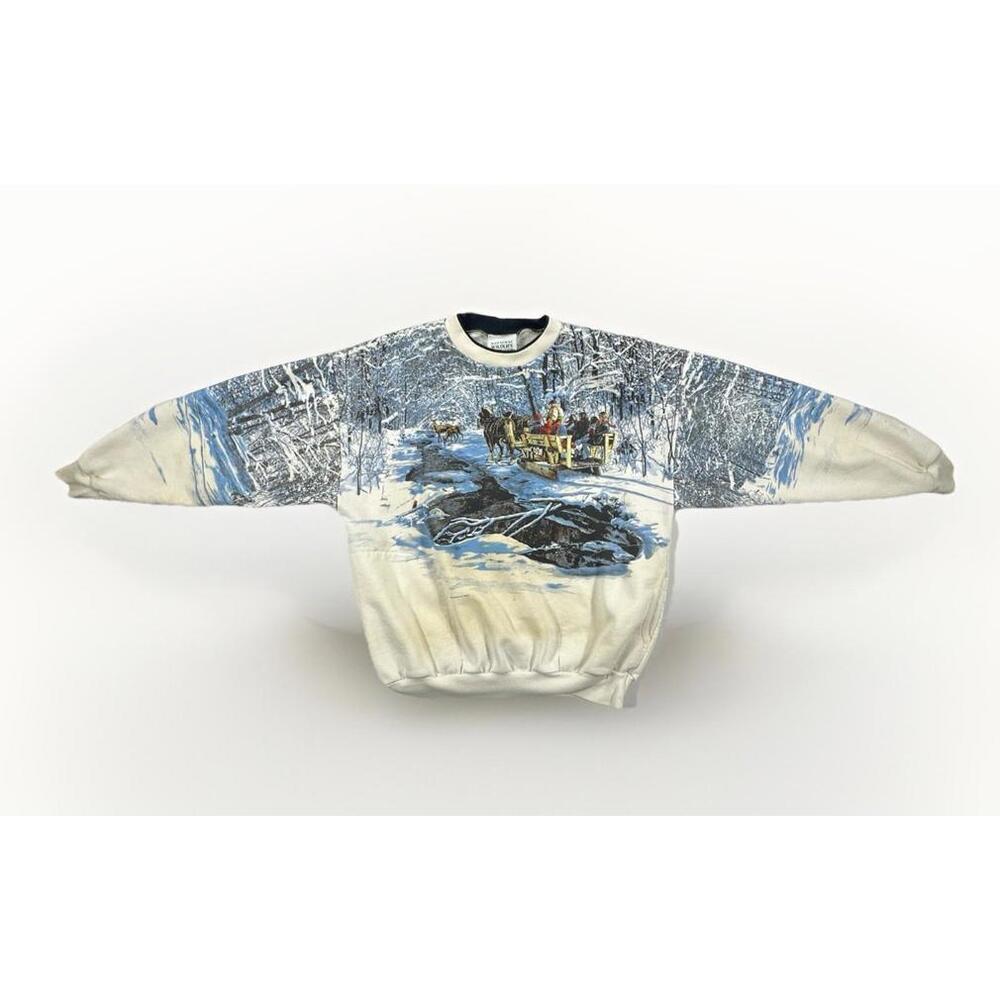 Vtg Christmas Sleigh Ride Art National Wildlife Federation Wraparound Sweater Lg
